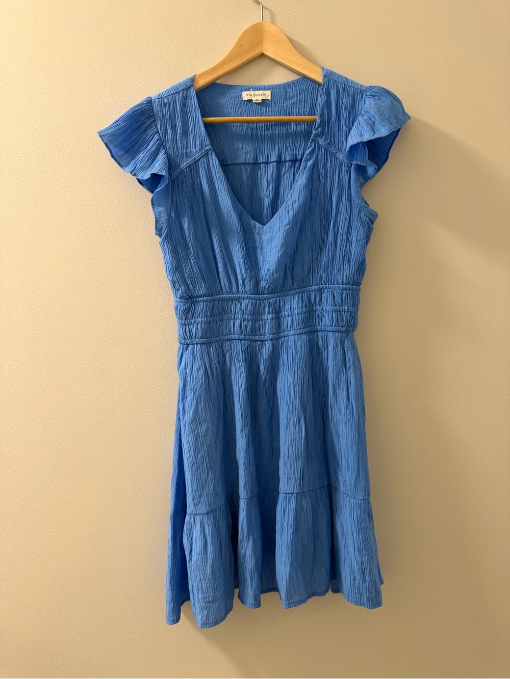 Blue Pepper Crinkled V-Neck Short Sleeve Dress Smocked waist dress Flirty Size L